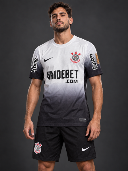 Modelo usando uniforme Corinthians blanco y negro